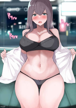 1girl black_bra black_panties blurry blurry_background blush bra breasts brown_hair city cleavage collarbone commentary_request exhibitionism green_eyes hair_between_eyes highres large_breasts long_hair looking_at_viewer navel office_lady open_clothes open_mouth open_shirt original panties public_indecency shirt sidelocks sitting solo thighs train train_interior udder underwear undressing white_shirt yuzuki_himuka