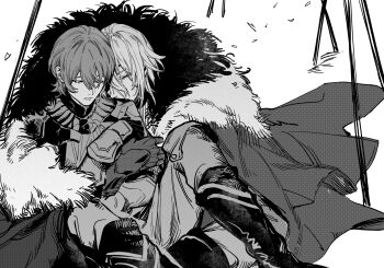 2boys armor boots cape chinese_commentary closed_eyes commentary_request dimitri_alexandre_blaiddyd dimitri_alexandre_blaiddyd_(timeskip) double-parted_bangs eyepatch fe2o3 fire_emblem fire_emblem:_three_houses fur-trimmed_cape fur_trim gauntlets gorget greyscale hair_between_eyes highres holding hug male_byleth_(fire_emblem) male_focus monochrome multiple_boys nintendo one_eye_covered pants yaoi