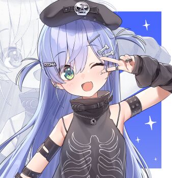 1girl :d aqua_eyes arm_warmers armlet beret black_hat black_shirt blue_background blue_hair bone_hair_ornament border bra_strap commentary fang hair_ornament hairclip hand_up hat highres jewelry long_hair okoten_pan one_eye_closed open_mouth ring shirt skeleton_print skin_fang sleeveless sleeveless_shirt smile solo symbol-only_commentary two_side_up upper_body v virtual_youtuber vspo! yano_kuromu yano_kuromu_(1st_costume) zoom_layer