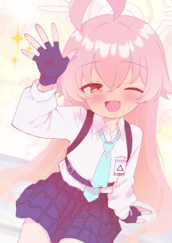 1girl absurdres ahoge black_gloves blue_archive blue_necktie fang fingerless_gloves gloves halo highres hoshino_(blue_archive) ks_aya_(gztm4838) long_hair necktie one_eye_closed pink_hair shirt skirt solo white_shirt