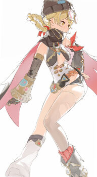 1girl bandana_around_arm blonde_hair braid braided_hair_rings breasts brown_hat commentary_request feet_out_of_frame genshin_impact goggles goggles_on_head hair_rings hand_on_own_hip hat highres jahoda_(genshin_impact) looking_to_the_side mechanical_arms pen_liangshui_po_ya_po prosthesis prosthetic_arm shoes simple_background single_mechanical_arm single_thighhigh smile solo thighhighs torn_clothes torn_thighhighs white_background yellow_eyes