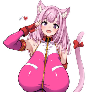 1girl animal_ear_fluff animal_ears arm_up bare_shoulders bow breasts cat_ears cat_girl earth_federation_space_forces elbow_gloves fingerless_gloves gloves gundam heart highres hirowa_nagi huge_breasts indie_virtual_youtuber kouya_no_naga_samurai long_hair mecha_pilot_suit mobile_suit_gundam normal_suit_(gundam) open_mouth pink_hair pink_tail purple_eyes red_gloves sagging_breasts salute shirt sleeveless tail tail_bow tail_ornament taut_clothes taut_shirt tenshouin_himeno upper_body virtual_youtuber white_background