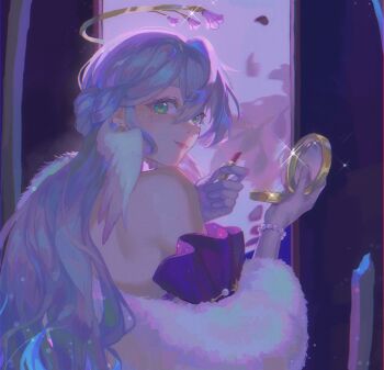 Rule 34 | 1girl, bare shoulders, blue hair, bracelet, closed mouth, coat, commentary, cosmetics, detached sleeves, earrings, english commentary, feathered wings, floral background, flower, from behind, fur coat, gem, green eyes, hair between eyes, hair bun, halo, hand mirror, hands up, head wings, highres, holding, holding lipstick tube, holding mirror, honkai: star rail, honkai (series), jewel under eye, jewelry, kiwiteamlp, lipstick tube, long hair, looking at viewer, looking back, mirror, pearl (gemstone), pearl bracelet, petals, pink flower, pink lips, purple sleeves, robin (honkai: star rail), short sleeves, smile, solo, sparkle, star (symbol), star earrings, star ornament, white coat, wings