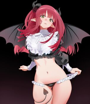 1girl bib_collar black_horns black_panties black_tail black_wings bow bowtie breasts cosplay cowboy_shot crop_top demon_girl demon_horns demon_tail demon_wings floating_hair frilled_panties frills gluteal_fold gradient_background green_eyes hashtag-only_commentary highres horns kitagawa_marin large_breasts legs_together long_hair long_sleeves looking_at_viewer navel panties pointy_ears red_hair rizu-kyun rizu-kyun_(cosplay) serpent_(pepepp39) skindentation slit_pupils solo sono_bisque_doll_wa_koi_wo_suru standing tail tail_around_own_leg tail_wrap thigh_gap underwear white_bow white_bowtie wings