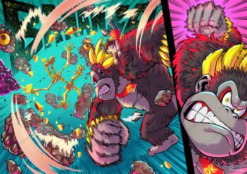 artist_name barefoot bracelet breaking clenched_teeth club_(weapon) crockoid_(donkey_kong) debris donkey_kong donkey_kong_(series) donkey_kong_bananza gorilla jewelry koki_ant kong_bananza motion_blur necktie nintendo pauline_(mario) pauline_(young)_(mario) punching red_necktie rock skeleton teeth watermark weapon
