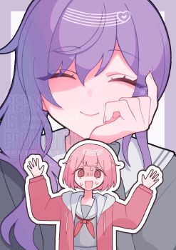 Rule 34 | 2girls, :d, @ @, ^ ^, absurdres, aegyo sal, asahina mafuyu, bob cut, border, center-flap bangs, closed eyes, closed mouth, commentary request, eyes visible through hair, facing viewer, fingernails, flat chest, grey shirt, hair between eyes, hair flaps, hair over shoulder, halftone, hand on own cheek, hand on own face, hand up, hands up, heart, high ponytail, highres, hitose rei, hood, hood down, hooded jacket, index finger raised, jacket, long sleeves, looking at another, miyamasuzaka girls' academy school uniform, multiple girls, neckerchief, ootori emu, open clothes, open jacket, open mouth, outline, outside border, partially shaded face, pink eyes, pink hair, pink jacket, ponytail, project sekai, puffy long sleeves, puffy sleeves, purple border, purple hair, red neckerchief, sailor collar, school uniform, shaded face, shirt, sidelocks, simple background, smile, solo focus, sweat, tareme, upper body, v-shaped eyebrows, watermark, wavy hair, white background, white hood, white outline, white sailor collar