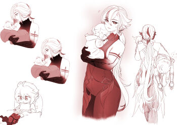 1girl 2boys absurdres aepuru_arts aether_(genshin_impact) arlecchino_(genshin_impact) carrying carrying_person chibi child couple father_and_son feeding highres husband_and_wife if_they_mated long_hair looking_at_another looking_at_viewer mature_female mother_and_son multicolored_hair multiple_boys nail_polish original simple_background surprised tall very_long_hair white_hair