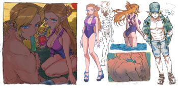 1boy 1girl abs ass baseball_cap beach blonde_hair blue_eyes blue_shorts breasts cleavage collarbone commentary couple cup drinking_straw ear_piercing earrings english_commentary food green_shirt hands_in_pockets hat hetero highres holding holding_cup holding_food holding_ice_cream ice_cream jewelry link long_hair looking_at_viewer navi nintendo one-piece_swimsuit piercing pointy_ears princess_zelda purple_one-piece_swimsuit sandals shirt short_hair shorts sitting standing sundayauruu swimsuit the_legend_of_zelda the_legend_of_zelda:_ocarina_of_time wading water