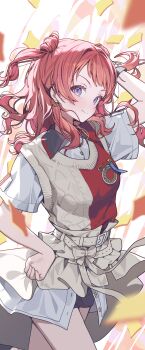 Rule 34 | 1girl, bare shoulders, black shorts, blue eyes, blush, earrings, gakuen idolmaster, hajime (idolmaster), hanami saki, heart, heart earrings, highres, idolmaster, jewelry, long hair, looking at viewer, ningen mame, red eyes, shirt, shorts, smile, solo, two-tone sweater vest, two side up, white overskirt, white shirt