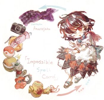 1girl ;d animal_ears arrow_(symbol) back_bow black_hair blue_bow blue_bowtie bomb bow bowtie bracelet brown_sandals camera cat_ears chinese_commentary commentary_request copyright_name doll dress english_text explosive filia_(sonzione807560) full_body horns impossible_spell_card jewelry kijin_seija one_eye_closed open_mouth orb puffy_short_sleeves puffy_sleeves red_eyes red_hair sandals short_hair short_sleeves simple_background smile solo touhou white_background white_dress white_hair white_horns yin_yang yin_yang_orb