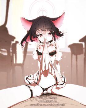 1boy 1girl animal_ears animated animated_gif black_bra black_hair black_panties blue_archive bra bra_pull breasts cat_ears cat_tail censored clothes_lift clothes_pull clothing_aside colored_inner_hair commentary_request cowgirl_position female_pubic_hair hetero highres kazusa_(blue_archive) looking_at_viewer looping_animation mosaic_censoring mouth_hold multicolored_hair nipples paid_reward_available panties panties_aside pink_eyes pink_hair pov pov_crotch pubic_hair see-through_clothes see-through_shirt see-through_skirt sex shirt short_sleeves skindentation skirt skirt_lift small_breasts straddling tail thigh_strap thighs two-tone_hair underwear vaginal watermark wawa_(lingomogu) web_address white_shirt white_skirt