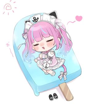 1girl ahoge anchor_print animal_ears aqua_hair black_shoes blue_bow blush bow bowtie braid cat_ears cat_tail chibi chibi_only closed_eyes dress food heart highres hololive long_hair lying maid maid_headdress minato_aqua minato_aqua_(8th_costume) multicolored_hair open_mouth oversized_food oversized_object pink_bow pink_bowtie pink_dress pink_hair pink_tail pink_wrist_cuffs popsicle shoes short_sleeves simple_background smile socks solo streaked_hair tail tail_bow tail_ornament tatsuyoshi_(zawahomura) twintails unworn_shoes virtual_youtuber white_background white_bow white_socks wrist_cuffs