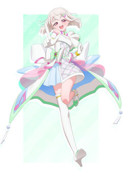 absurdres bare_arms blonde_hair blunt_bangs boots choker cosplay cure_zukyuun cure_zukyuun_(cosplay) dress elbow_gloves gloves hair_ornament highres idol kimi_to_idol_precure looking_at_viewer open_mouth precure purirun_(civilian)_(precure) purple_eyes ribbon self_cosplay shirt short_hair skirt smile standing standing_on_one_leg tiler_(tiler00) white_background white_dress