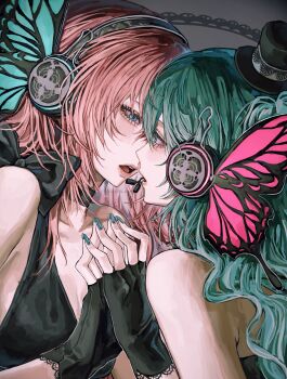 2girls absurdres airen_kori aqua_eyes aqua_hair bare_shoulders bikini black_bikini black_gloves black_hat breasts butterfly_hair_ornament fingerless_gloves gloves hair_between_eyes hair_ornament hat hatsune_miku headphones highres holding_hands imminent_kiss long_hair multiple_girls pink_hair swimsuit upper_body vocaloid yuri