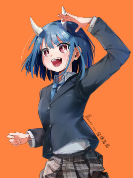 1girl absurdres aoki_ruri arm_up avarangers black_jacket blazer blue_hair blue_necktie commentary_request dragon_girl dragon_horns fangs grey_skirt highres horns jacket medium_hair necktie open_mouth orange_background pleated_skirt red_eyes ruridragon school_uniform shirt skirt slit_pupils solo sweat teeth white_shirt
