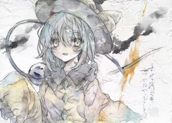 1girl black_hat blouse blush bow buttons diamond_button eyeball frilled_shirt_collar frilled_sleeves frills green_hair hat hat_bow hat_ribbon ikeda_ruriko komeiji_koishi open_mouth ribbon shirt solo third_eye touhou traditional_media upper_body yellow_bow yellow_ribbon yellow_shirt