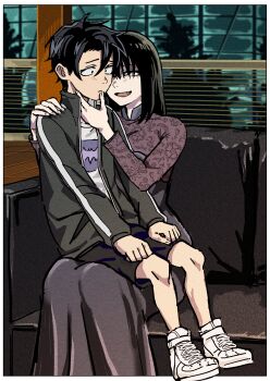 1boy 1girl absurdres age_difference black_dress black_hair black_jacket black_shorts border couch dress fang hetero highres honda_kabura jacket lace lace_sleeves long_sleeves medium_hair on_couch onee-shota open_mouth outside_border reiquant shirt shoes short_hair shorts sitting sitting_on_lap sitting_on_person smile white_border white_shirt white_shoes yamori_kou yofukashi_no_uta