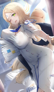 1girl ayumu_(blue_archive) black_wings blonde_hair blue_archive blue_necktie breasts cleavage_cutout clothing_cutout covered_erect_nipples covered_navel diamond_cutout dress feathered_wings flying_paper forehead_jewel halo highres keyfanjun large_breasts long_hair necktie one_eye_closed open_mouth opening_door paper paper_stack short_necktie white_dress wings yellow_eyes yellow_halo
