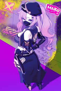 1girl absurdres alternate_costume artist_name bare_shoulders black_gloves black_hat black_jacket black_mask black_skirt breasts commentary commentary_request crop_top elbow_gloves english_commentary fingerless_gloves from_behind full_body gloves green_eyes hair_ornament hat highres jacket kurimako large_breasts long_hair looking_at_viewer looking_back mask mixed-language_commentary mole mole_on_breast mole_under_eye mouth_mask nicole_demara open_clothes open_jacket paint_splatter pink_hair skirt solo standing zenless_zone_zero