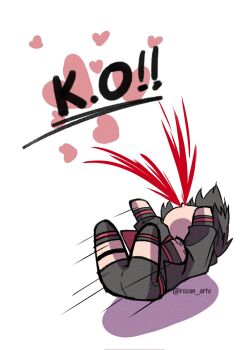 1girl black_choker black_hair black_jacket black_shorts black_tube_top blood boruto:_two_blue_vortex chibi choker commentary corrupted_twitter_file english_commentary excessive_nosebleed heart highres jacket naruto_(series) nosebleed rozan_arts shorts solo strapless tube_top twitter_username uchiha_sarada