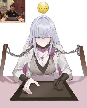 1girl blunt_bangs breasts chain chained cleavage closed_eyes colored_inner_hair emoji glasses gloves hashtag-only_commentary highres holding honkai:_star_rail honkai_(series) hssfaxee jacket jewelry long_hair multicolored_hair neckerchief necklace nihilux_(honkai:_star_rail) open_clothes open_jacket partially_fingerless_gloves photo-referenced reference_inset sad shirt stylus tablet_pc white_background white_hair