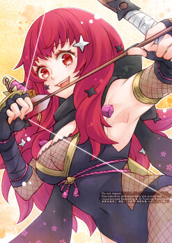 1girl :d armpits black_scarf bodystocking bow_(weapon) breasts covered_navel ebi_puri_(ebi-ebi) facial_mark fire_emblem fire_emblem_engage fire_emblem_heroes fishnet_bodystocking fishnet_thighhighs fishnets hair_ornament highres holding holding_bow_(weapon) holding_shuriken holding_weapon large_breasts ninja nintendo official_alternate_costume open_mouth scarf shuriken smile solo star_(symbol) star_facial_mark star_hair_ornament thighhighs weapon yunaka_(fire_emblem) yunaka_(stealthy_imitator)_(fire_emblem)