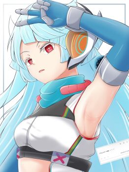 1girl adamski_s-rank_space aqua_hair arm_up armpits blue_gloves colored_eyelashes commentary_request detached_sleeves duel_masters ear_protection gloves highres koorizatou82 long_hair odaibako open_mouth red_eyes solo upper_body v v_over_head