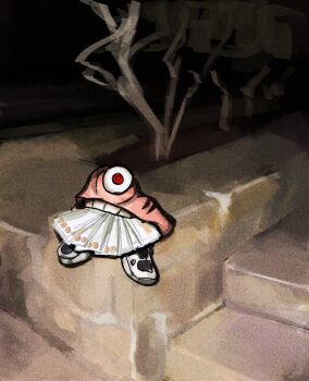 1boy absurdres alternate_form banknote cyclops highres jujutsu_kaisen money mouth_hold one-eyed photo-referenced red_eyes ringed_eyes ryoumen_sukuna_(jujutsu_kaisen) ryoumen_sukuna_(true_form)_(jujutsu_kaisen) shoes sneakers solo teeth thejesscode