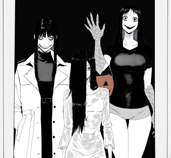 3girls absurdres coat creepypasta evil_smile greyscale hair_over_face hair_over_one_eye highres horror_(theme) japanese_urban_legends kuchisake-onna long_hair looking_at_viewer momo_(creepypasta) monochrome multiple_girls short_shorts shorts smile spot_color stitched_mouth stitches the_ring trait_connection trench_coat very_long_hair virtuware waving wide_mouth yamamura_sadako