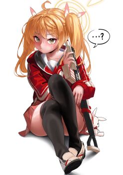 ... 1girl absurdres ahoge black_thighhighs blonde_hair blue_archive blush ch1ckpyo fn_scar_17 full_body gun halo highres holding holding_gun holding_weapon invisible_floor jacket knees_up long_hair long_sleeves looking_at_viewer on_floor parted_hair pink_shirt red_jacket shirt shirt_partially_removed shoes sideways_glance sitting solo spoken_ellipsis stuffed_animal stuffed_rabbit stuffed_toy sweatdrop thighhighs track_jacket twintails uwabaki weapon white_shoes yellow_eyes yellow_halo yoshimi_(blue_archive)