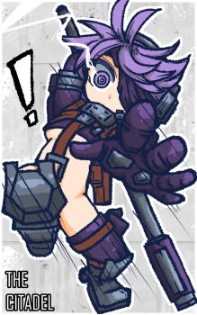! 1girl armor axe breasts commentary_request copyright_name deformed gloves hair_over_one_eye headset highres holding holding_axe holster long_sleeves looking_at_viewer lovins_on martyr_(the_citadel) motion_lines navel purple_eyes purple_gloves purple_hair purple_thighhighs revealing_clothes short_hair small_breasts solo the_citadel thighhighs underboob weapon