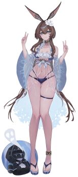 1girl absurdres amiya_(arknights) animal_ears arknights blue_eyes breasts brown_hair doctor_(arknights) double_v hair_between_eyes highres kuroroui long_hair rabbit_ears rabbit_girl sandals simple_background small_breasts smile swimsuit thigh_strap v white_background