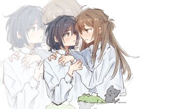 2girls animalization black_eyes black_hair blush braid brown_eyes brown_hair closed_mouth collared_shirt commentary english_commentary half_up_braid hand_on_another&#039;s_shoulder highres long_hair long_sleeves miyagi_shiori multiple_girls negichie parted_lips sendai_hazuki shirt shuuniichido_classmate_wo_kau_hanashi simple_background upper_body white_background white_shirt yuri zoom_layer