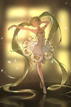 1girl absurdly_long_hair armlet armpits arms_up ballerina ballet_slippers bracelet closed_eyes closed_mouth collarbone dress gold_armlet gold_bracelet gramophone_miku green_hair hair_between_eyes hair_ornament hatsune_miku highres hsyenemy jewelry long_hair miku_symphony_(vocaloid) single_thighhigh solo strapless strapless_dress thigh_strap thighhighs tutu twintails very_long_hair vocaloid white_dress white_thighhighs
