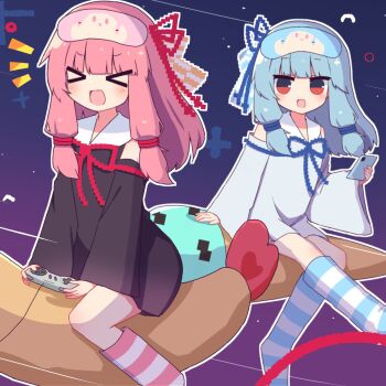 &gt;_&lt; 2girls :d bare_shoulders black_dress blue_hair blue_ribbon blue_socks blush commentary controller dated_commentary dress game_controller hair_ribbon hibino_000 highres holding holding_controller holding_game_controller kneehighs kotonoha_akane kotonoha_aoi long_hair multiple_girls notice_lines open_mouth outline pink_socks purple_hair red_eyes red_ribbon ribbon sailor_collar sidelocks sitting sleeveless sleeveless_dress smile socks striped_clothes striped_socks super_famicom_gamepad voiceroid white_dress white_outline white_sailor_collar xd