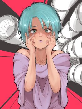 1girl aqua_hair beam_cannon commentary_request crazy crazy_eyes fake_screenshot finger_cannon four_murasame green_eyes gundam hands_on_own_cheeks hands_on_own_face highres looking_at_viewer mecha mechanical_hands mobile_armor peba psycho_gundam robot science_fiction single_mechanical_hand size_difference zeta_gundam