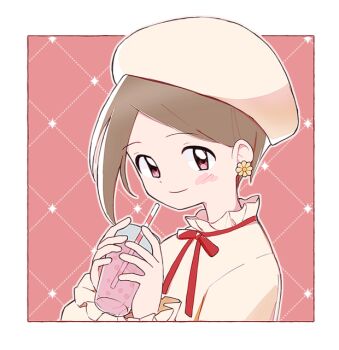 Rule 34 | 1girl, 3567days, border, brown eyes, brown hair, cup, digimon, digimon adventure, digimon adventure 02, earrings, flower earrings, hat, holding, holding cup, jewelry, red background, simple background, solo, upper body, white border, yagami hikari
