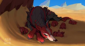 :p anapeixotoart animal artist_name colored_skin cub desert dog highres league_of_legends naafiri no_humans outdoors red_skin sand sleeping tongue tongue_out