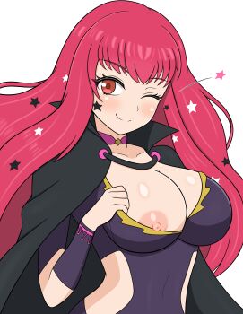 1girl absurdres black_cape bodysuit breasts cape choker cleavage clothing_cutout facial_mark fire_emblem fire_emblem_engage hair_ornament highres large_breasts long_hair looking_at_viewer nintendo nipples pink_choker presenting_breasts purple_bodysuit red_eyes red_hair side_cutout smile solo star_(symbol) star_facial_mark star_hair_ornament yoshio_hentai yunaka_(fire_emblem)