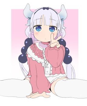 1girl beads black_hairband blue_eyes blunt_bangs blush buttons capelet dragon_girl dragon_horns ears_visible_through_hair expressionless frilled_capelet frills gradient_hair hair_beads hair_ornament hairband hand_on_floor highres horns kanna_kamui kobayashi-san_chi_no_maidragon long_hair long_sleeves looking_at_viewer low_twintails multicolored_hair no_nose pink_capelet pink_sweater puffy_sleeves purple_hair sitting sketch solo sphere_hair_ornament straight-on sweater thighhighs twintails v wariza white_thighhighs white_trim womiriguramu