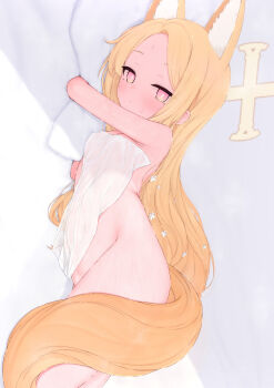 1girl absurdres animal_ears blonde_hair blue_archive closed_mouth halo highres hugging_object loli long_hair looking_at_viewer lying nude on_side pillow pillow_hug pink_eyes seia_(blue_archive) solo sweat tail towel tutinako wet yellow_halo
