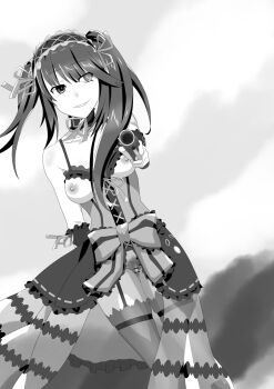 1girl aiming bar_censor bottomless bra breasts censored choker clock_eyes cupless_bra date_a_live garter_straps greyscale grin gun hairband heterochromia lolita_hairband long_hair medium_breasts monochrome nipples no_panties pubic_hair pussy rayos red_eyes skindentation skirt smile solo symbol-shaped_pupils thighhighs tokisaki_kurumi twintails underwear weapon wind