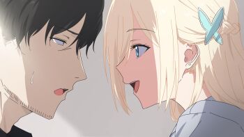 1boy 1girl black_hair black_shirt blonde_hair blue_eyes braid butterfly_hair_ornament close-up earrings grey_shirt hair_ornament highres jewelry long_hair looking_at_another misaki_nonaka open_mouth original shirt sweat teacher_and_student teeth upper_teeth_only