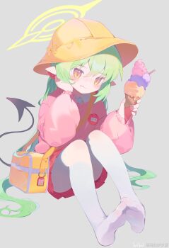 1girl :q absurdres alternate_costume bag bilibili_logo black_tail blue_archive bow chinese_commentary closed_mouth collared_shirt commentary_request demon_girl demon_tail eating feet food food_on_face full_body green_hair grey_background hair_between_eyes hair_ornament hair_scrunchie hair_spread_out halo hat hat_bow highres holding holding_ice_cream_cone ice_cream ice_cream_cone invisible_chair kindergarten_bag kindergarten_uniform long_hair long_sleeves looking_at_viewer low_twintails name_tag no_shoes nozomi_(blue_archive) pantyhose pink_shirt pleated_skirt pointy_ears puffy_long_sleeves puffy_sleeves red_scrunchie red_skirt school_hat scrunchie shirt shoulder_bag simple_background sitting skirt solo tail teoskyrios tongue tongue_out twintails very_long_hair white_pantyhose yellow_bag yellow_bow yellow_eyes yellow_halo yellow_hat