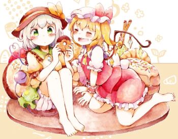 2girls ascot barefoot black_hat blonde_hair bloomers blush bow buttons closed_eyes collared_shirt commentary_request crystal crystal_wings diamond_button donut eyeball flandre_scarlet food food_request frilled_shirt_collar frilled_skirt frilled_sleeves frills green_hair green_skirt hat hat_bow heart heart_of_string holding holding_donut holding_food komeiji_koishi mob_cap multicolored_wings multiple_girls one_side_up open_mouth oversized_food oversized_object puffy_short_sleeves puffy_sleeves red_skirt red_vest shiro_tsugumi shirt short_sleeves sitting skirt skirt_set smile third_eye toes touhou underwear vest white_bloomers white_hat white_shirt wings wrist_cuffs yellow_ascot yellow_bow yellow_shirt