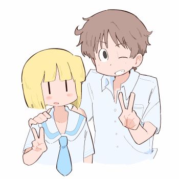 1boy 1girl black_eyes blonde_hair blue_necktie blush_stickers bob_cut brown_hair buttons collared_shirt cropped_torso daiku_kenzaburou highres mob_face necktie nichijou one_eye_closed open_mouth pocket sailor_collar school_uniform sekiguchi_yuria serafuku shirt short_hair short_sleeves simple_background smile teeth upper_body v white_background white_sailor_collar white_serafuku white_shirt wichimi |_|