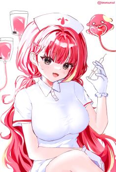 1girl akane_lize artist_name breasts collared_shirt commentary_request frilled_gloves frills gloves grey_eyes hand_up hat highres holding holding_syringe intravenous_drip korean_commentary large_breasts light_blush long_hair looking_at_viewer low_twintails munui nurse_cap open_mouth pienna_(akane_lize) red_hair shirt short_sleeves simple_background sitting smile solo stellive syringe twintails very_long_hair virtual_youtuber white_background white_gloves white_shirt wing_collar