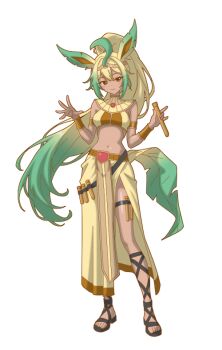 1girl ancient_egyptian_clothes animal_ears armlet blonde_hair blush bracelet circlet commentary_request dark-skinned_female dark_skin front_slit gen_4_pokemon gladiator_sandals green_hair high_ponytail holding holding_test_tube holster jewelry leaf_tail leafeon long_skirt midriff multicolored_hair navel nintendo personification pokemon ponytail sandals skirt smile solo tail test_tube thigh_holster thigh_strap tina_primarina toes two-tone_hair usekh_collar