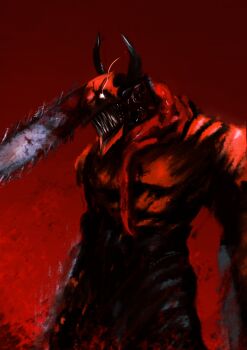 absurdres alternate_form black_pants blood blood_on_clothes blood_on_face blood_splatter blood_stain bloody_weapon chainsaw chainsaw_devil chainsaw_man commentary crain1art denji_(chainsaw_man) english_commentary facing_to_the_side handle highres intestine_clothing intestines male_focus pants pull_cord saw sharp_teeth teeth weapon