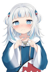 Rule 34 | 1girl, @ @, absurdres, animal costume, blue eyes, blue hair, blue hoodie, blue nails, blunt bangs, blush, closed mouth, collarbone, embarrassed, fidgeting, gawr gura, gawr gura (1st costume), gradient sleeves, grey hair, hair ornament, highres, hololive, hololive english, hood, hoodie, long hair, long sleeves, looking at viewer, multicolored hair, nail polish, parted hair, shark costume, shark hair ornament, sidelocks, snmdx, solo, streaked hair, two side up, virtual youtuber, wavy mouth, wide sleeves